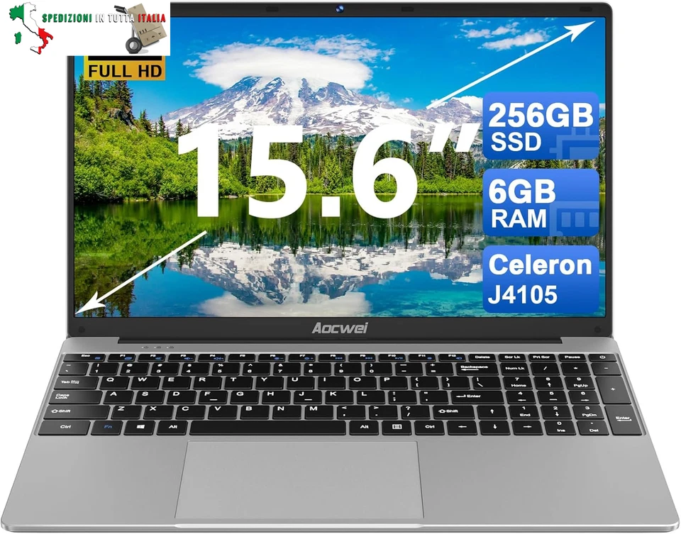 AOCWEI PC Portatile 15.6 Pollici 6GB RAM 256GB ROM SSD Estensioni Win 11 Noteboo - Immagine 1 di 4