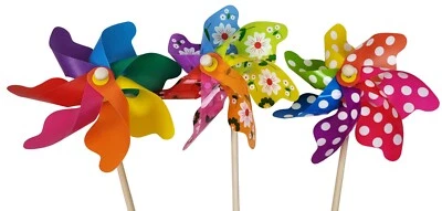 3 Stück buntes Windrad Windmühle mit Holzstab Windräder Set 55 cm - Bild 1 von 2