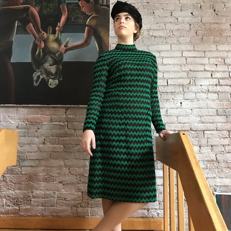 Винтажное женское платье Pauline Trigere 70-е с длинным рукавом вязаные карманы Rick Rack 10 - Изображение 1 из 4