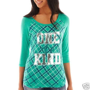 SUGAR HIGH Rocker Girl 3/4-sleeve Graphic Burnout Tee Size S Msrp $28 Turquoise - Picture 1 of 2