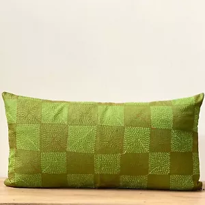 VINTAGE BENGAL LIME GREEN KANTHA SILK PILLOW COVER 24 X 14 - Picture 1 of 3