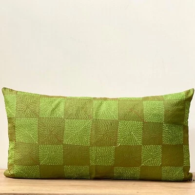 VINTAGE BENGAL LIME GREEN KANTHA SILK  PILLOW COVER 24 X 14 - Image 1 of 3