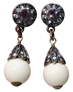 Heidi Daus Dangle Drop Faux Pearl Earrings White With Purple/Clear Rhinestones - Picture 1 of 11
