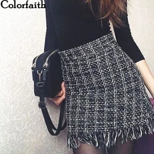 Colorfaith Women Woolen Mini Skirt Autumn Winter Vintage Straight Plaid Tassel - Picture 1 of 9