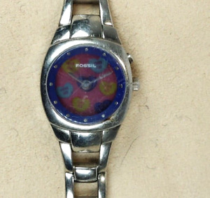 FOSSIL WOMENS BIG TIC ANIMATED HEARTS WITH LOVE WORDS; PURPLE FACE ES-9787 WORKS