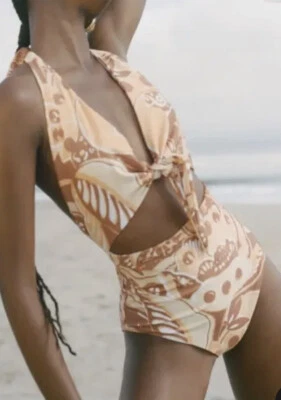 Traje de baño Mara Hoffman para mujer marrón loco amarillo recortado 1 pieza pequeño cintura alta Foto 1 de 4