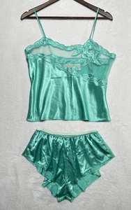 VTG Victorias Secret Gold Label Aqua Satin Cami High Cut Shorts Sleep Set Size M - Picture 1 of 18