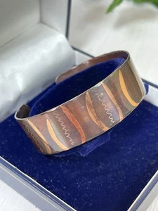 Brutalist Cuff Copper & Black Enamel Patina Metal Etched Bracelet Wide Bangle - Picture 1 of 14
