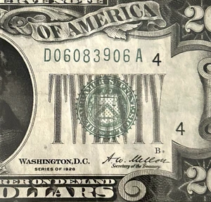 * 1928 $20 Bill Reedemable In Gold Note Rare Misaligned Serial Error * - Picture 1 of 4