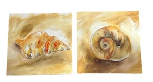 Seashell Canvas Wall Art Coastal Beach Decor Set Of 2 Wrapped Edges 12" Square - Picture 1 of 2