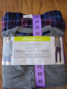 Womens Eddie Bauer Waffle Fleece Sleep Set Pajamas Gray Plaid Blue 3 Pc XS - Picture 1 of 2