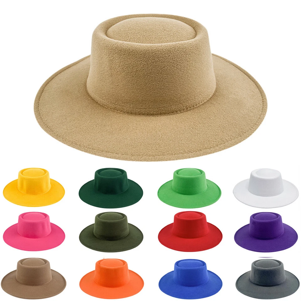 Cappello piatto uomo donna grande largo tesa feltro panama chiesa derby top berretto - Immagine 1 di 4