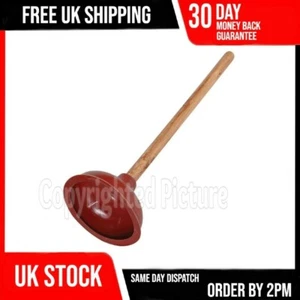 LARGE SINK PLUNGER DRAIN BATHROOM RUBBER TOILET LONG WOODEN HANDLE UNBLOCK CLEAN - Picture 1 of 4