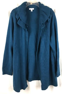 Susan Graver Ruffle Neck Sweater Cardigan Size XL Teal LH64*U - Picture 1 of 7