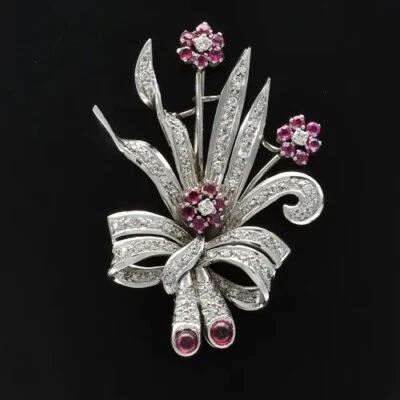 Amazing Pink Ruby & White Sapphire Flower Bouquet 935 Silver Wedding Brooch Pin - Image 1 of 4