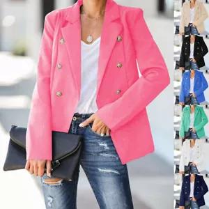 Womens Double Breasted Suit Collar Blazer Ladies Cardigan Coats Formal Jackets - Picture 1 of 17