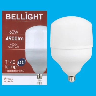 2x 60W (=300W) T140 LED Light Bulb 4000K Edison Screw ES E27 & GES E40 Adaptor - Image 1 of 3