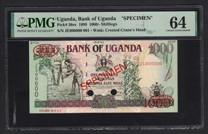 Uganda 1000 Shillings 1999 P36es "Specimen N.001" Uncirculated Grade 64 Top Pop - Picture 1 of 2