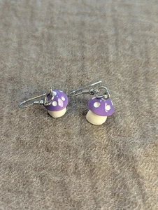 Tiny Purple Mushroom Dangle Earrings Cottagecore Fairycore Mini Resin Jewelry - Picture 1 of 4