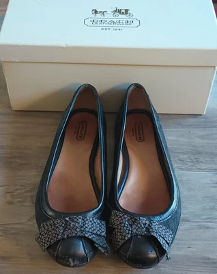 Coach Saundra Talla 6.5 Mujer Ballet Planos Arco Firma Negro Cuero Lona LEER Foto 1 de 4