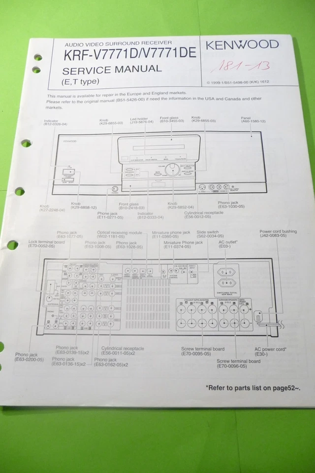 Manuale Di Servizio Per Kenwood KRF-V7771, ORIGINALE - Immagine 1 di 1