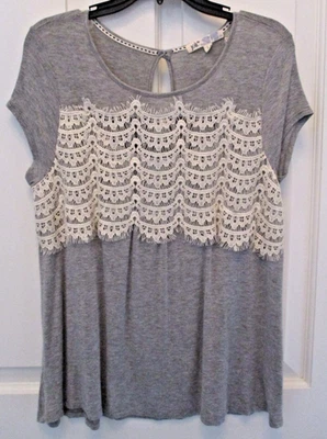 EUC Jolt Women's Blouse, Gray, Cream Lace Overlay, Sz L, Rayon & Spandex - Image 1 of 4