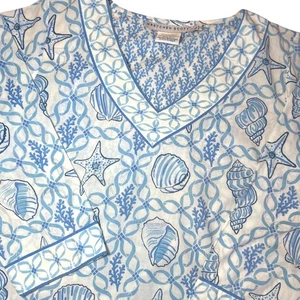 Gretchen Scott Seashell White Blue 100% Cotton Tunic Top Coastal Beach Sz Large - Picture 1 of 13