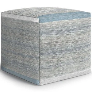 Simpli Home Naya Boho Cube Pouf in Blue Melange Cotton - Picture 1 of 6