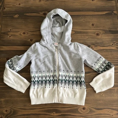 Girls’ Gymboree Gray White Green Fair Isle Hooded Zip Sweater Cotton Size M 7–8 - Image 1 of 4