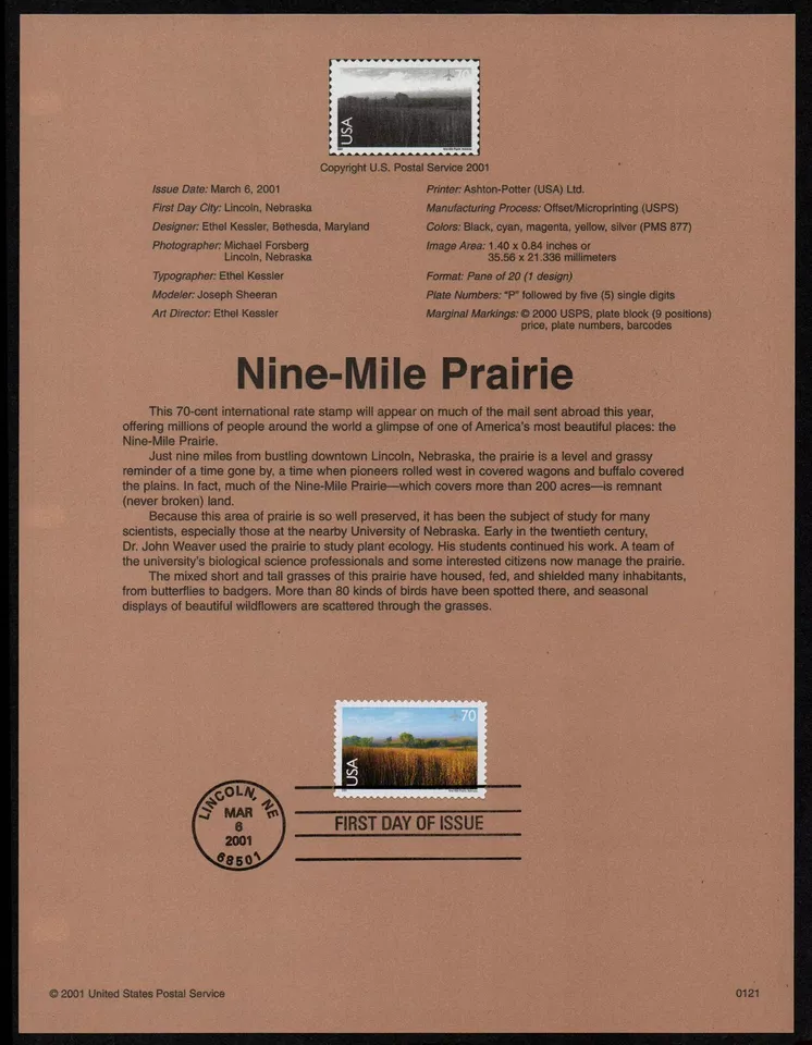 USA, SCOTT # C136, SOUVENIR PAGE - NINE-MILE PRAIRIE, AIRMAIL YEAR 2001 - Image 1 of 1