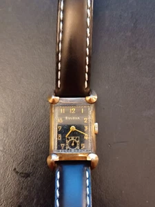 Vintage 10K White GF Black Dial Bulova Men’s Tank Watch w/ Fancy Lugs - Picture 1 of 10