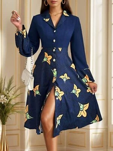 Women's Dress- Printed Collared Neck Long Sleeve Dress - Picture 1 of 6