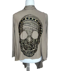 Cardigan Lauren Moshi catena teschio grafica marrone piccolo grunge gotico Halloween - Foto 1 di 7