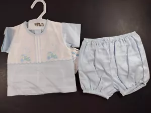 0-3M Will'beth embroidered blue and white 2 pc shorts outfit, trains - Picture 1 of 5