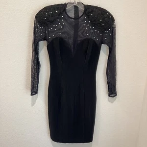 Vintage 90s Tadashi Shoji Black Sweetheart Bodycon Mesh Party Dress USA Sz Small - Picture 1 of 12