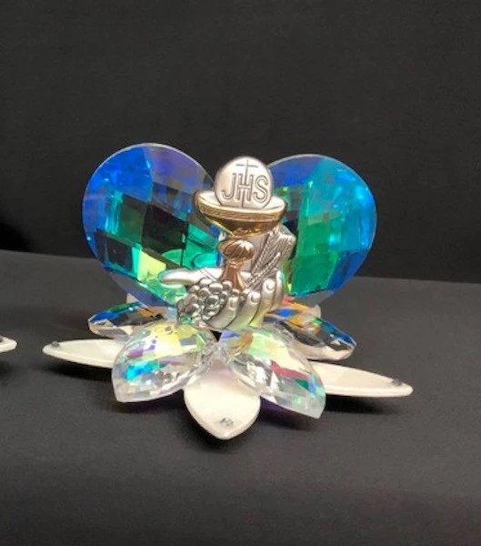BOMBONIERA CUORE CRISTALLO BOREALE SU FIORE VETRO CON ARGENTO CALICE COMUNIONE - Immagine 1 di 1
