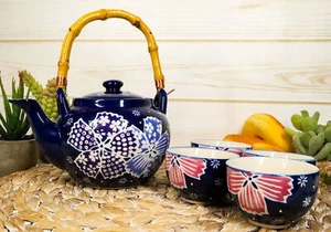 Blue Winter Frost Colorful Large Floral Blooms 25oz Tea Pot With 4 Cups Set - Picture 1 of 7