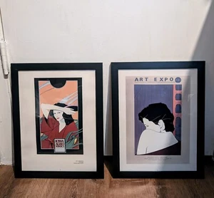 Patrick Nagel Art Bookplate Prints of Women 1985 1980s two Framed Pictures - Picture 1 of 3