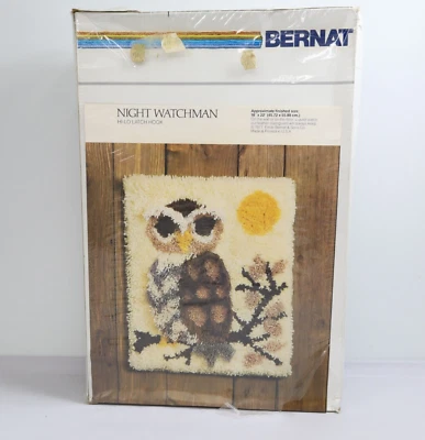 New 1977 Bernat Hi-Lo Latch Hook Kit Night Watchman 18" x 22" Owl MCM 70s - Image 1 of 4