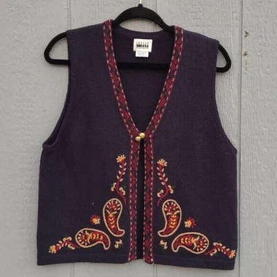 De Colección Leslie Fay Ropa Deportiva Suéter Chaleco Top Bordado Cachemira Botones Dorados Med Foto 1 de 4