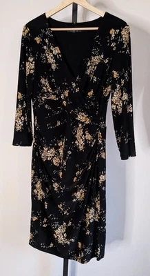 Ralph Lauren Faux Wrap Dress Sz 6 Black Floral Lined Stretchy Polyester, Comfy! - Image 1 of 4
