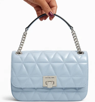 NWT Michael Kors Vivianne Medium Shoulder Flap Pale Blue Patent Leather Bag - Image 1 of 4