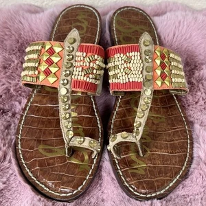 Sam Edelman Boho Chic Gideon Beaded Sandals Size 6.5 Toe Loop Flats Orange Gold - Picture 1 of 6