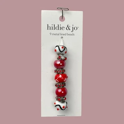 Hildie & Jo 9 Metal Lined Beads Red White Rhinestone Accents Jewelry Crafts - Image 1 of 2
