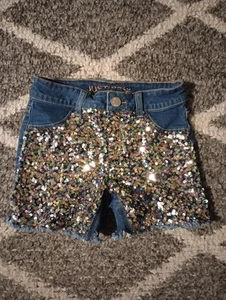 Justice  Sequined Denim Girl's Midi Shorts Size:10. sparkle Raw Hem. Cute Summer - Picture 1 of 6