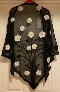Black Sheer Mesh Leather 3D Rosettes Romantic Goth Shawl Veil - Picture 1 of 14