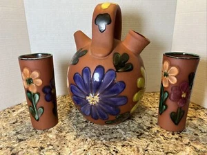 Beautiful Vintage Mexican Terra Cotta Pottery Pitcher & 2 Cups Floral Design - Picture 1 of 10