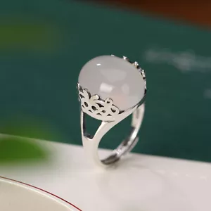 Anello Ovale In Calcedon Bianco Argento 925 Taglia 17 - 19 Regolabile - Foto 1 di 7