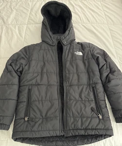 North Face Puffer Jacket Youth Medium 10-12 Black Fur Lined Hooded - Picture 1 of 8