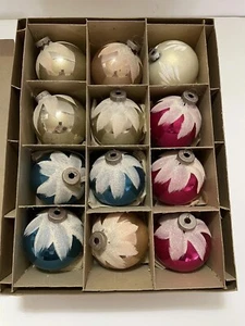 Vintage SHINY BRITE Frosted Glass Ball Ornaments In Original Box - Picture 1 of 12